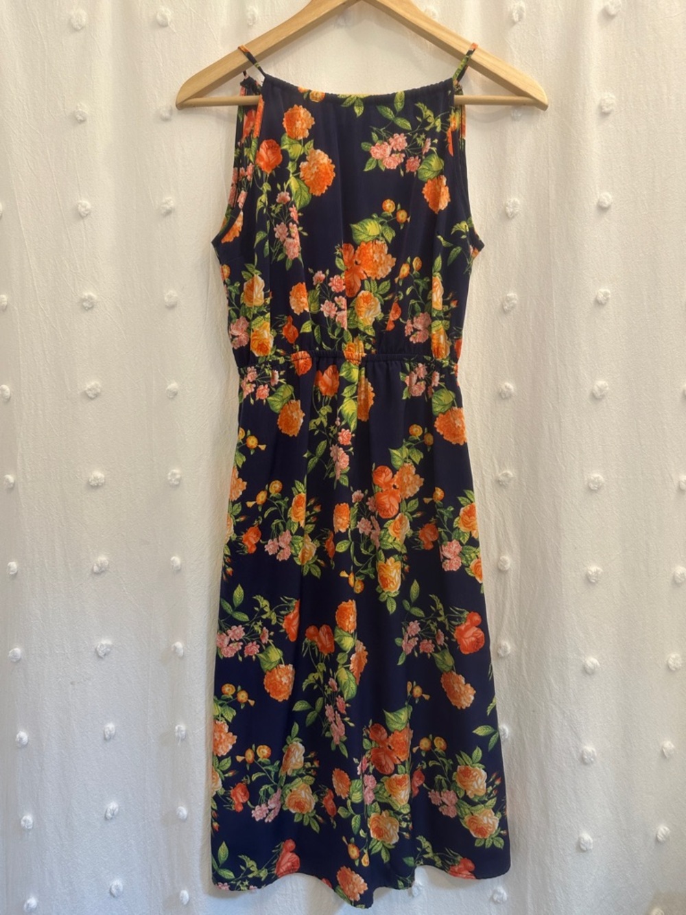 Floral Navy Midi Dress with Orange Rose Print